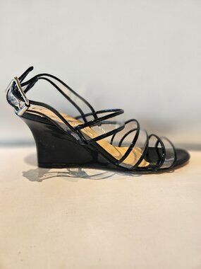 Manolo Blahnik Black & Clear Patent Leather Wedge Sandals, Size 5 1/2